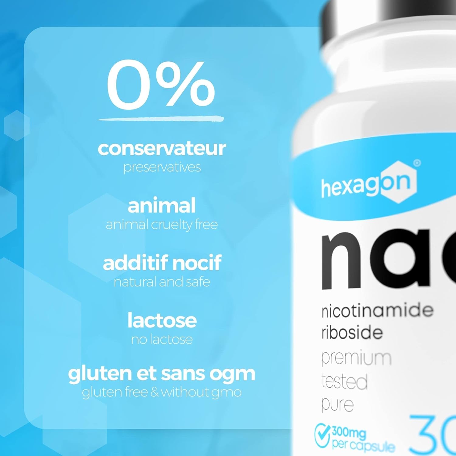 NAD+ Nicotinamide Riboside Chloride 300mg - +1 Mes de Cura - Contra la Edad y la Fatiga, NAD Booster - Polvo Puro, 30 Cápsulas - Grado Farmacéutico - Vegano - Hexagon (Paquete de 2)