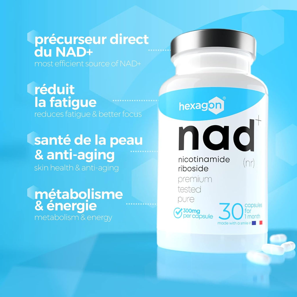 NAD+ Nicotinamide Riboside Chloride 300mg - +1 Mes de Cura - Contra la Edad y la Fatiga, NAD Booster - Polvo Puro, 30 Cápsulas - Grado Farmacéutico - Vegano - Hexagon (Paquete de 2)
