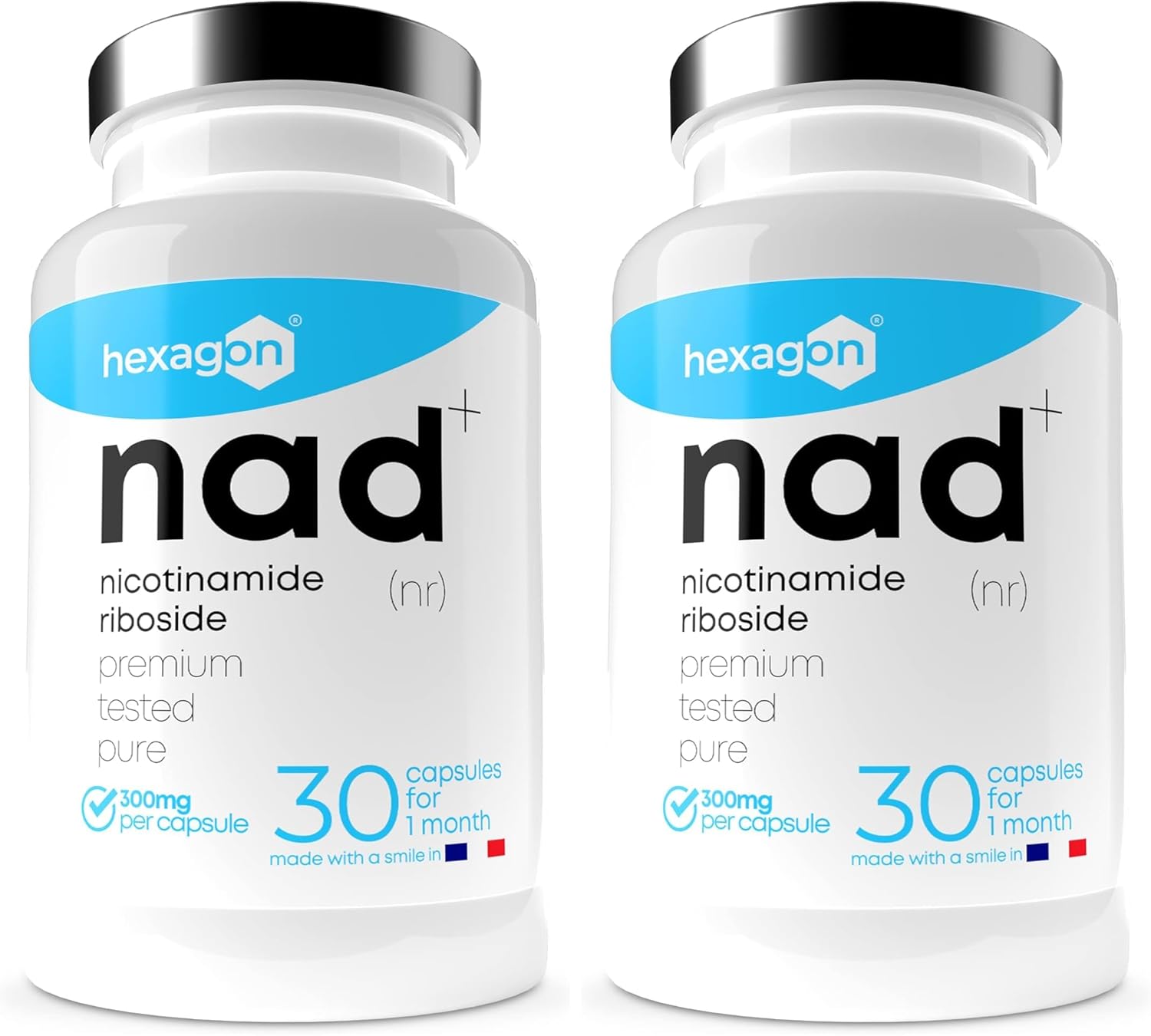 NAD+ Nicotinamide Riboside Chloride 300mg - +1 Mes de Cura - Contra la Edad y la Fatiga, NAD Booster - Polvo Puro, 30 Cápsulas - Grado Farmacéutico - Vegano - Hexagon (Paquete de 2)