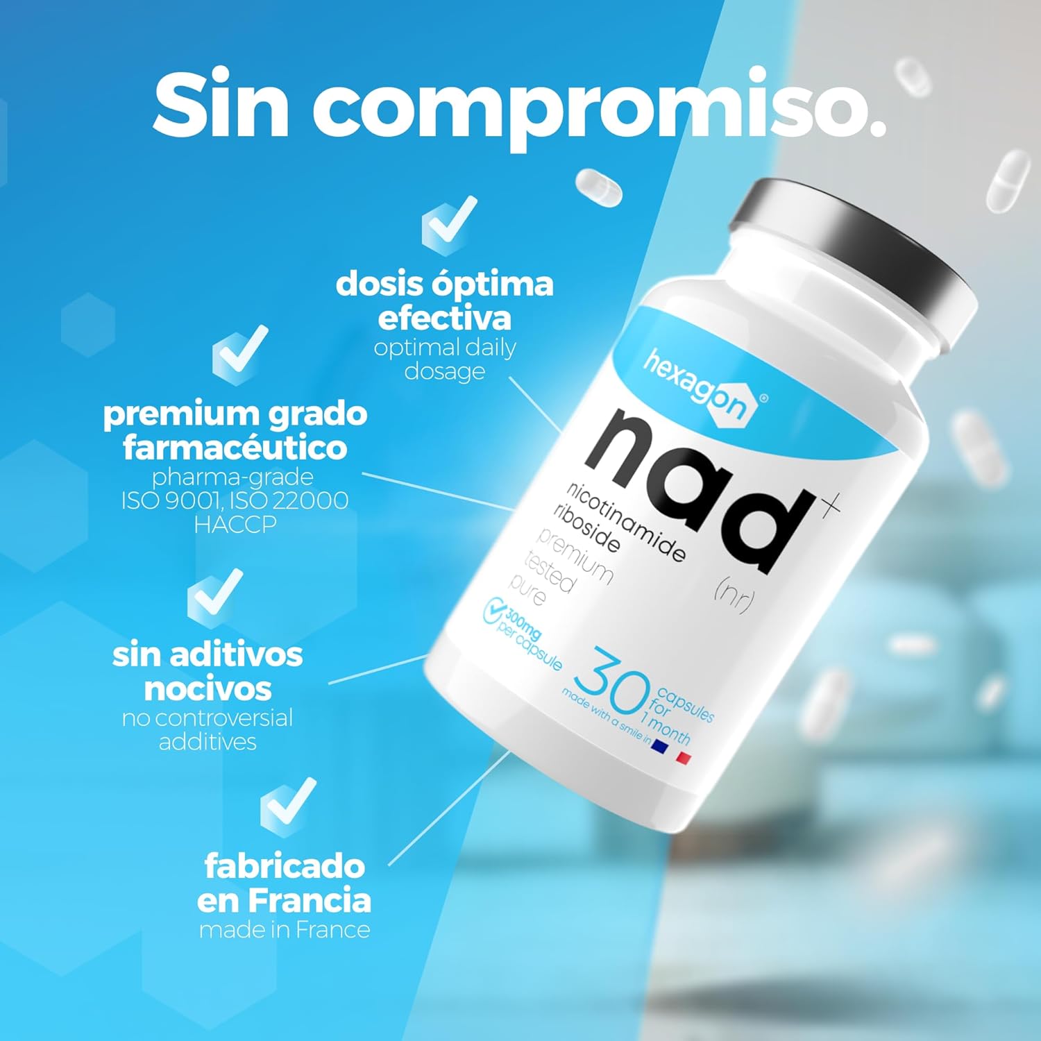 NAD+ Nicotinamide Riboside Chloride 300mg - +1 Mes de Cura - Contra la Edad y la Fatiga, NAD Booster - Polvo Puro, 30 Cápsulas - Grado Farmacéutico - Vegano - Hexagon (Paquete de 2)