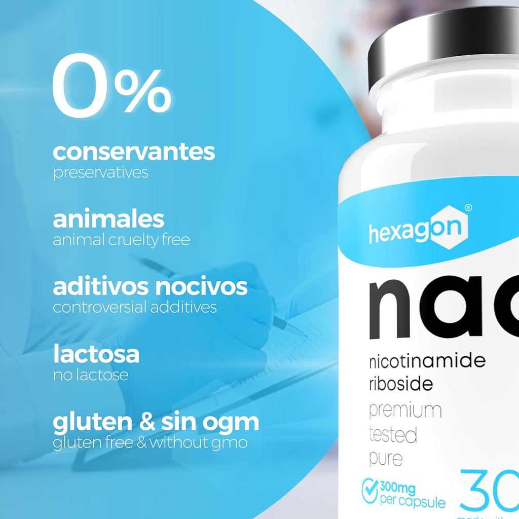 NAD+ Nicotinamide Riboside Chloride 300mg - +1 Mes de Cura - Contra la Edad y la Fatiga, NAD Booster - Polvo Puro, 30 Cápsulas - Grado Farmacéutico - Vegano - Hexagon (Paquete de 2)