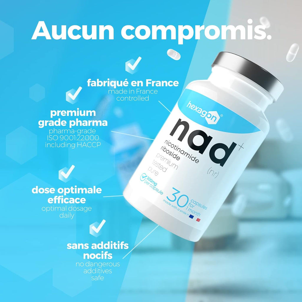NAD+ Nicotinamide Riboside Chloride 300mg - +1 Mes de Cura - Contra la Edad y la Fatiga, NAD Booster - Polvo Puro, 30 Cápsulas - Grado Farmacéutico - Vegano - Hexagon (Paquete de 2)