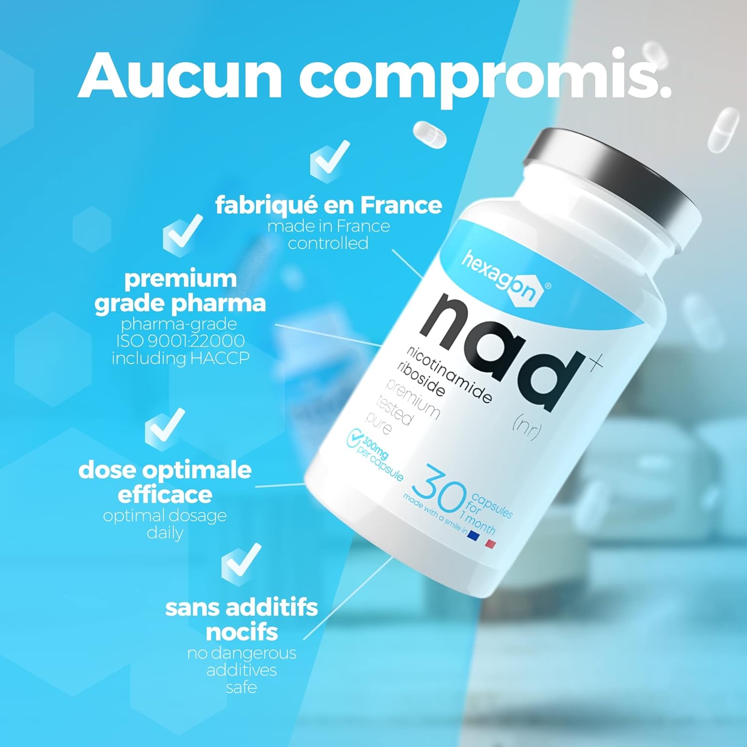 NAD+ Nicotinamide Riboside Chloride 300mg - +1 Mes de Cura - Contra la Edad y la Fatiga, NAD Booster - Polvo Puro, 30 Cápsulas - Grado Farmacéutico - Vegano - Hexagon (Paquete de 2)