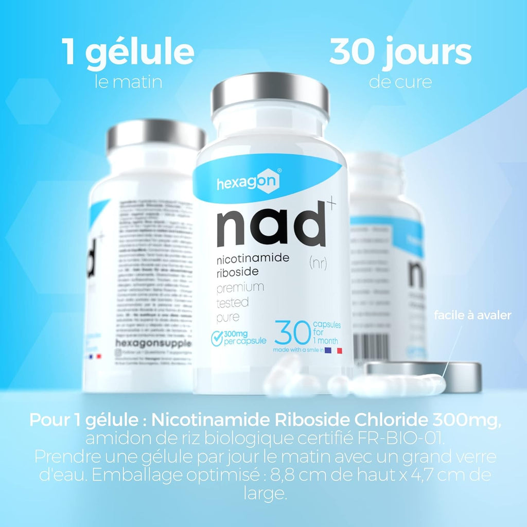 NAD+ Nicotinamide Riboside Chloride 300mg - +1 Mes de Cura - Contra la Edad y la Fatiga, NAD Booster - Polvo Puro, 30 Cápsulas - Grado Farmacéutico - Vegano - Hexagon (Paquete de 2)