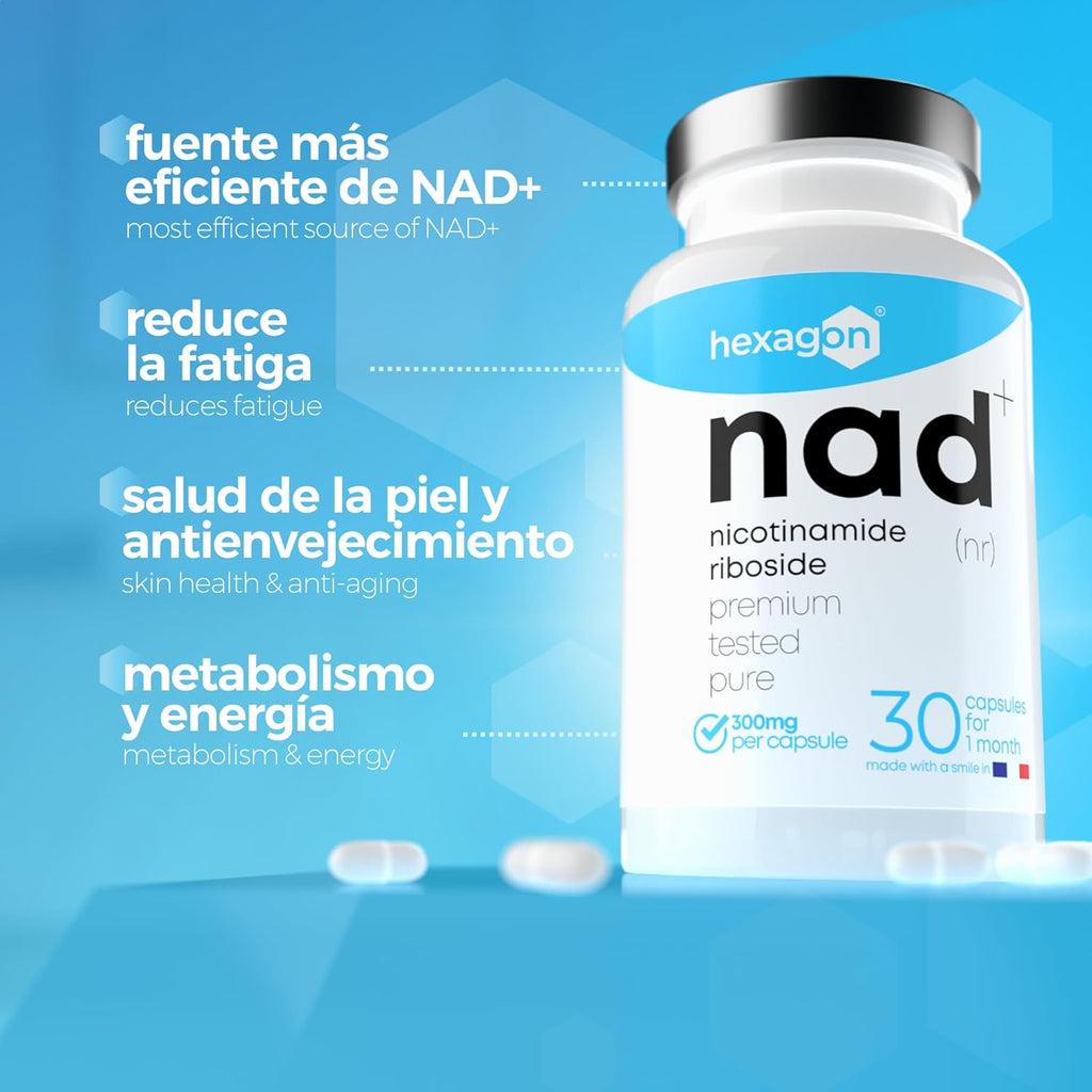 NAD+ Nicotinamide Riboside Chloride 300mg - +1 Mes de Cura - Contra la Edad y la Fatiga, NAD Booster - Polvo Puro, 30 Cápsulas - Grado Farmacéutico - Vegano - Hexagon (Paquete de 2)