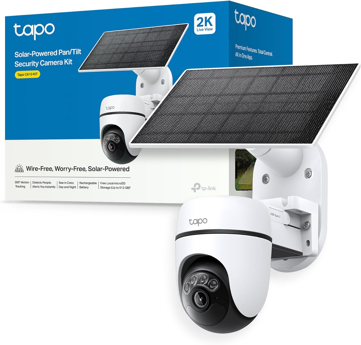 Tapo C610 Kit – Cámara de Vigilancia 360º con Panel Solar y Batería, 2K 3MP, Detección IA Gratuita, Batería 6700 mAh, Seguimiento de Movimiento, Visión Nocturna a Color