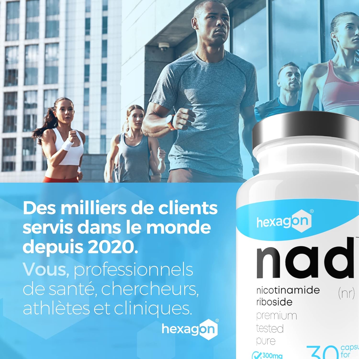 NAD+ Nicotinamide Riboside Chloride 300mg - +1 Mes de Cura - Contra la Edad y la Fatiga, NAD Booster - Polvo Puro, 30 Cápsulas - Grado Farmacéutico - Vegano - Hexagon (Paquete de 2)