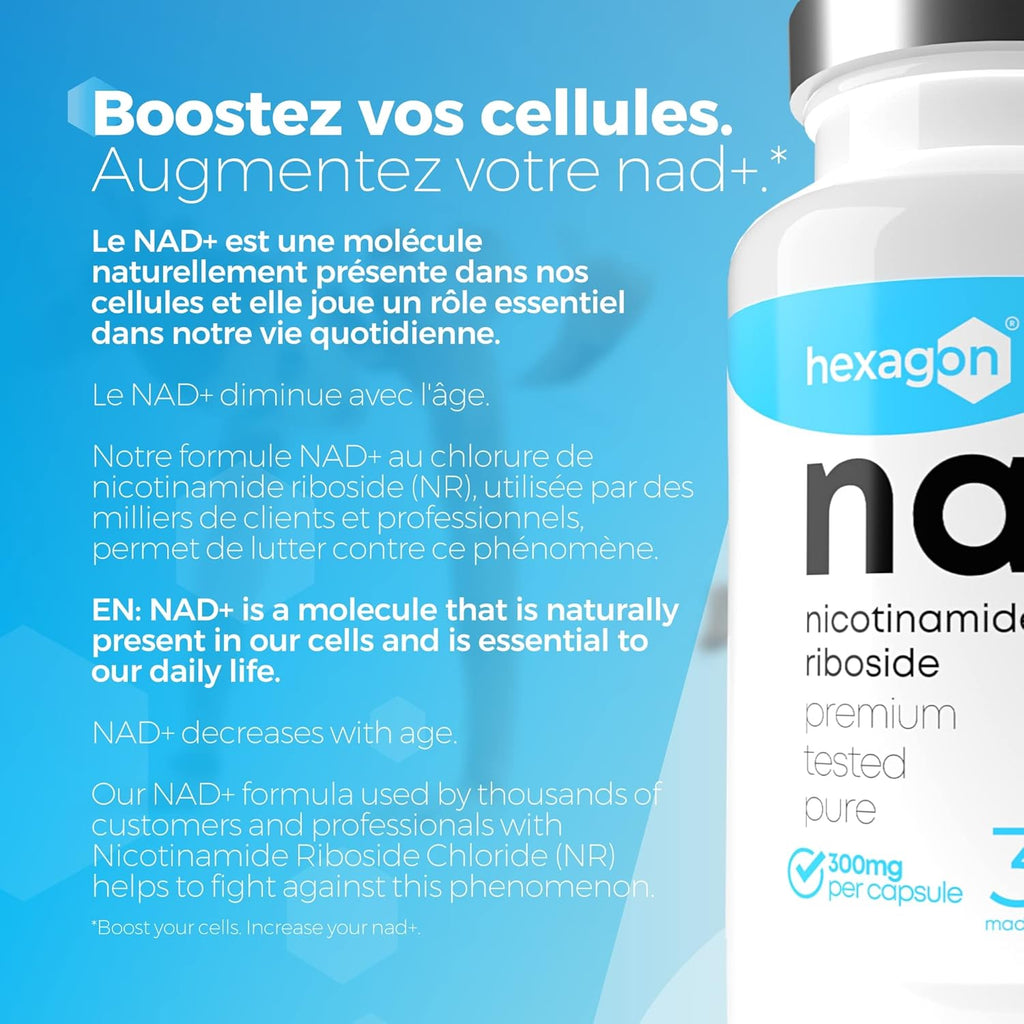 NAD+ Nicotinamide Riboside Chloride 300mg - +1 Mes de Cura - Contra la Edad y la Fatiga, NAD Booster - Polvo Puro, 30 Cápsulas - Grado Farmacéutico - Vegano - Hexagon (Paquete de 2)