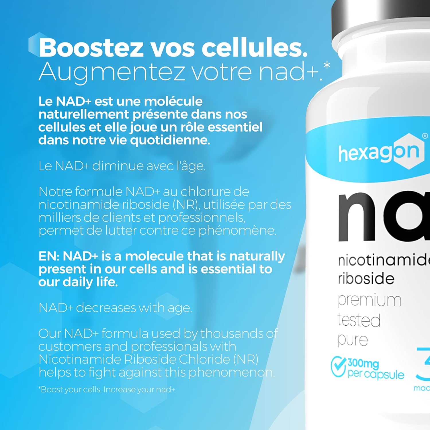 NAD+ Nicotinamide Riboside Chloride 300mg - +1 Mes de Cura - Contra la Edad y la Fatiga, NAD Booster - Polvo Puro, 30 Cápsulas - Grado Farmacéutico - Vegano - Hexagon (Paquete de 2)